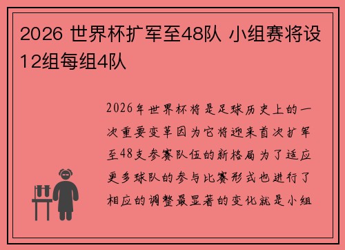 2026 世界杯扩军至48队 小组赛将设12组每组4队